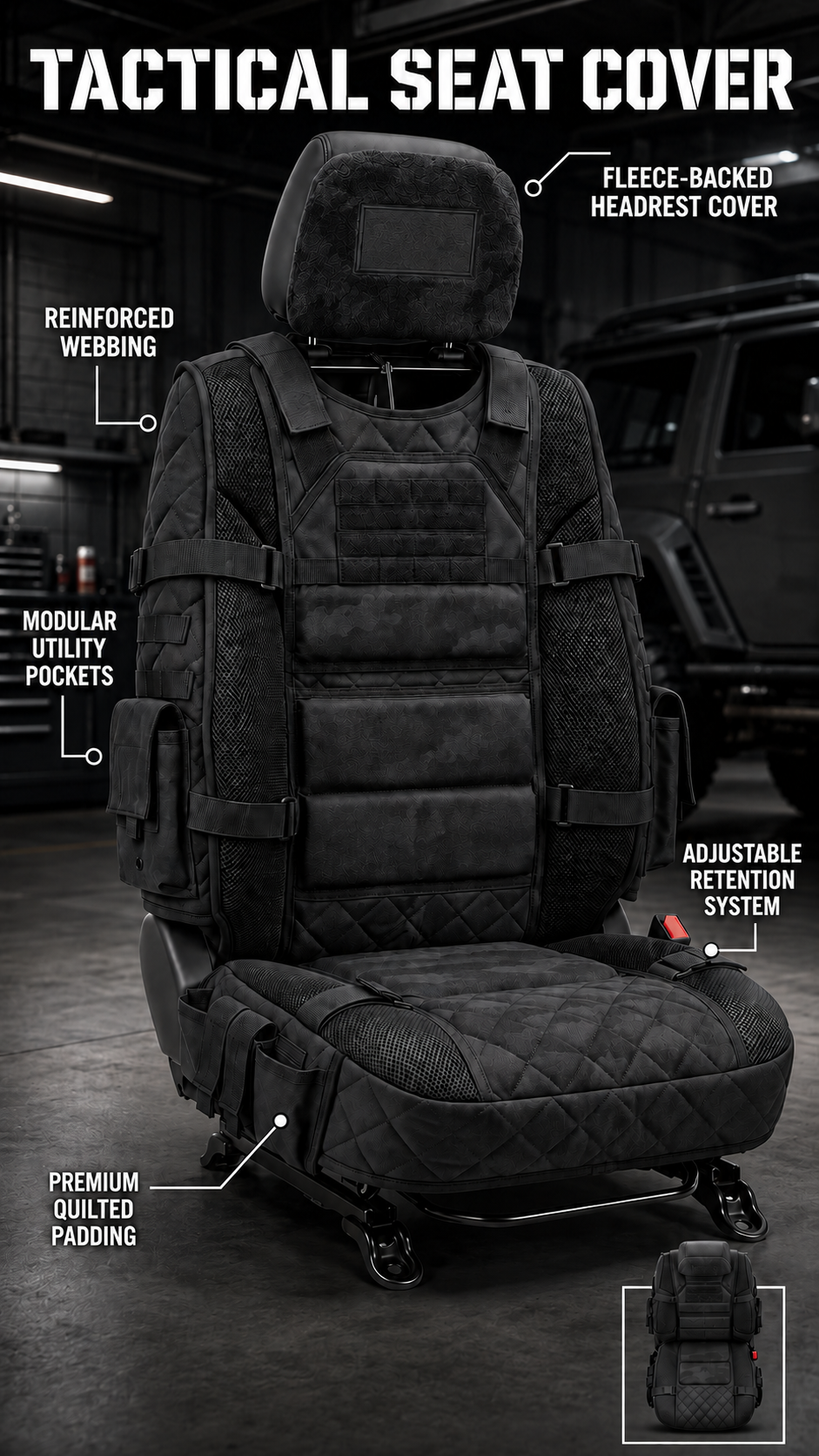 Black vehicle seat cover with storage pockets