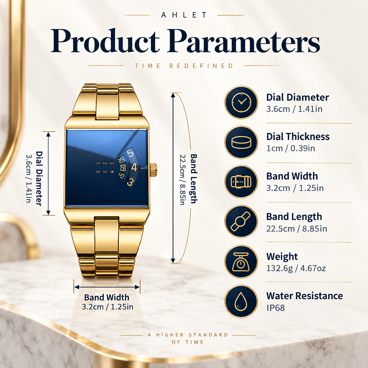 Gold and black finishes of the Ahlet square face watch with blue mirror dial