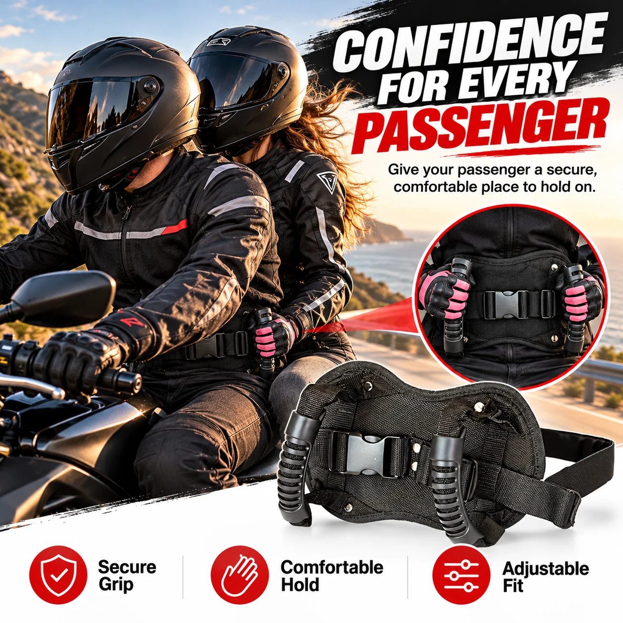 Motorcycle passenger grab handle providing secure grip for rear rider