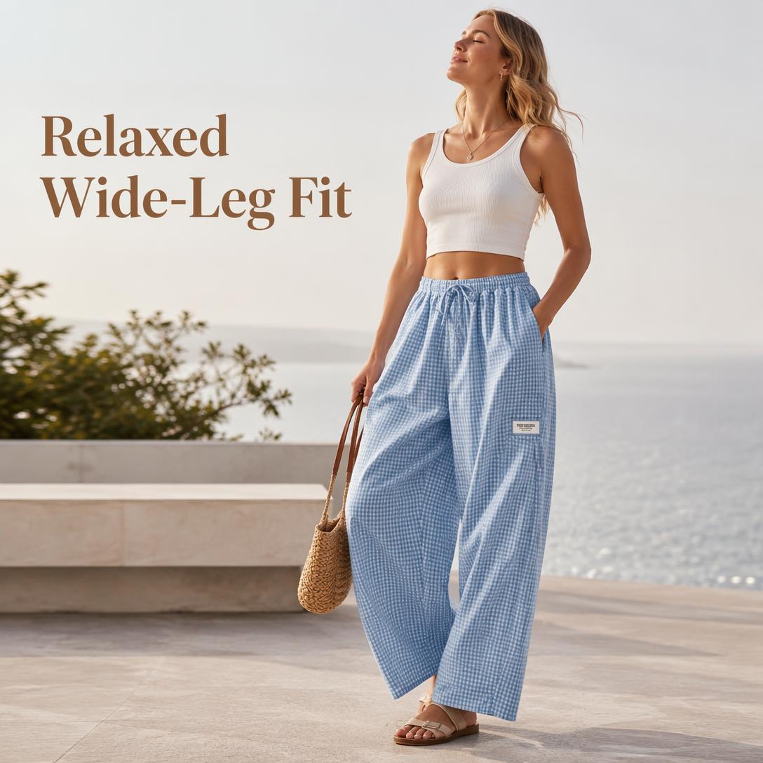 Loose wide-leg silhouette on model close look