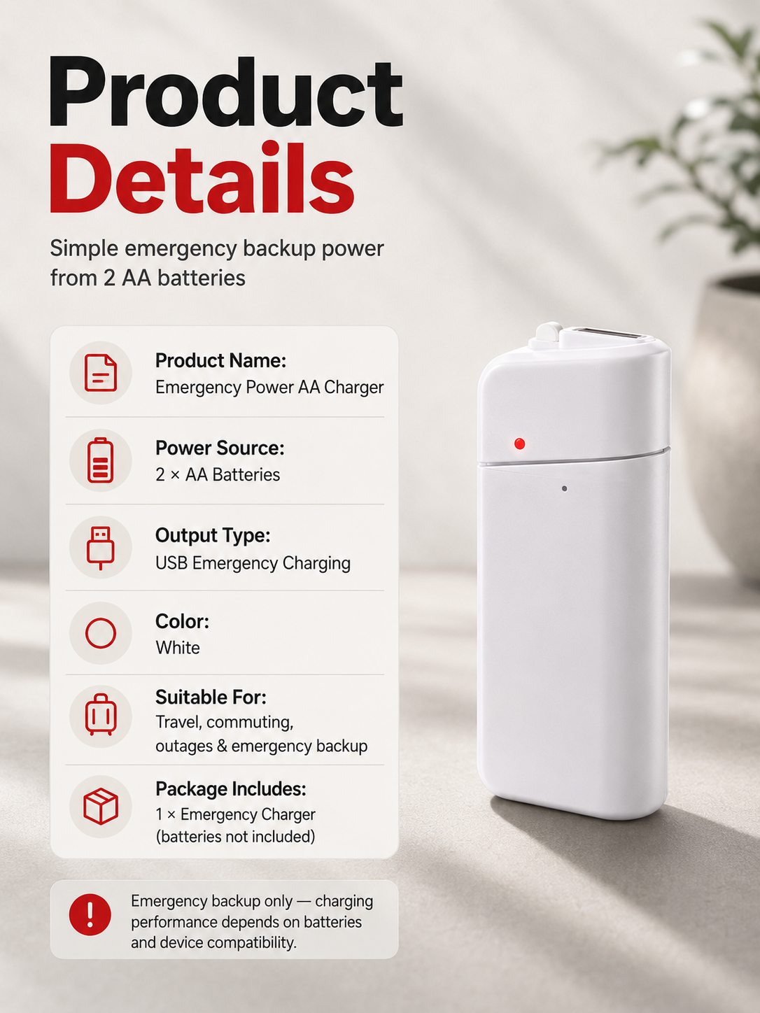 Emergency AA charger package layout and product specifications view