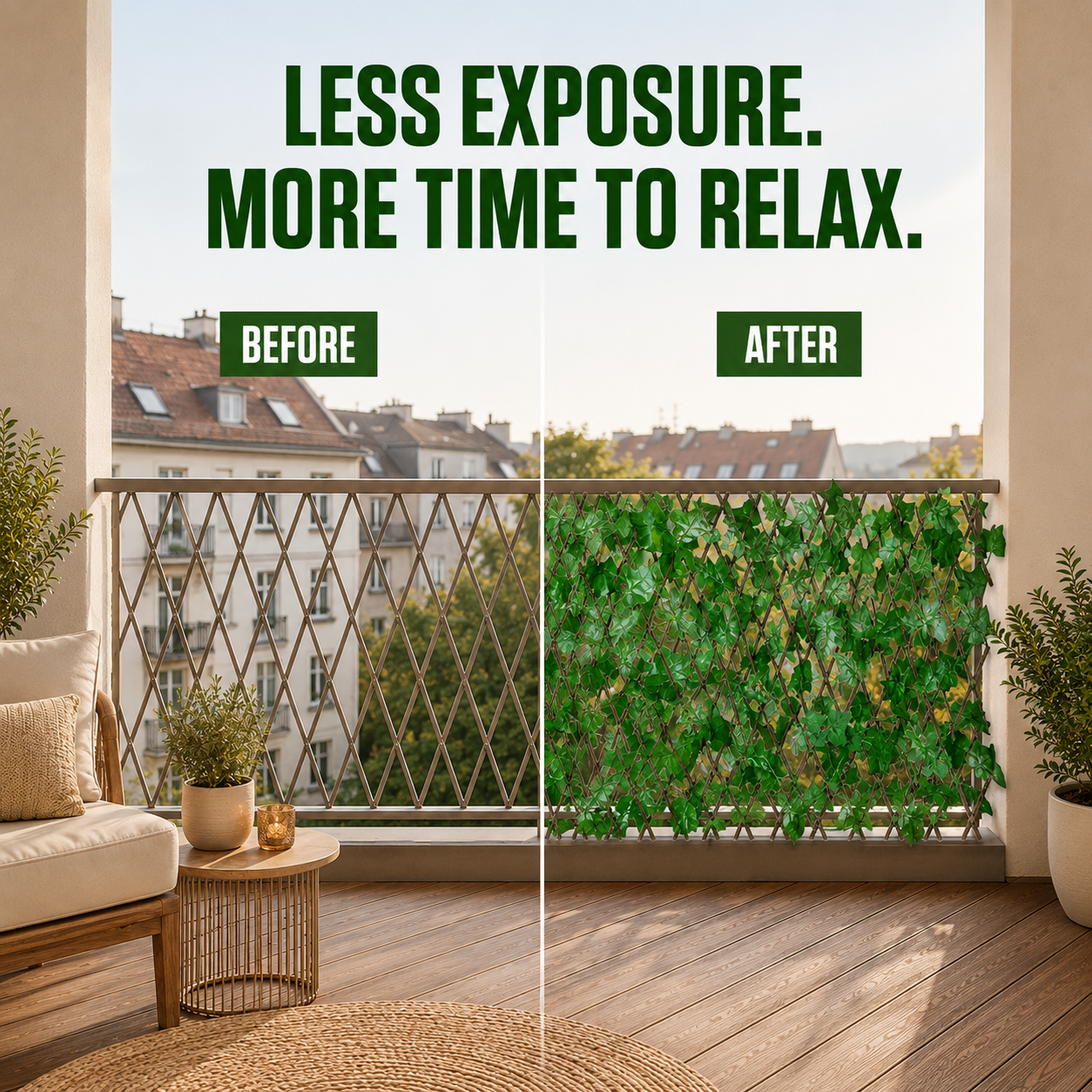 Balcony before and after installing an expandable ivy privacy screen
