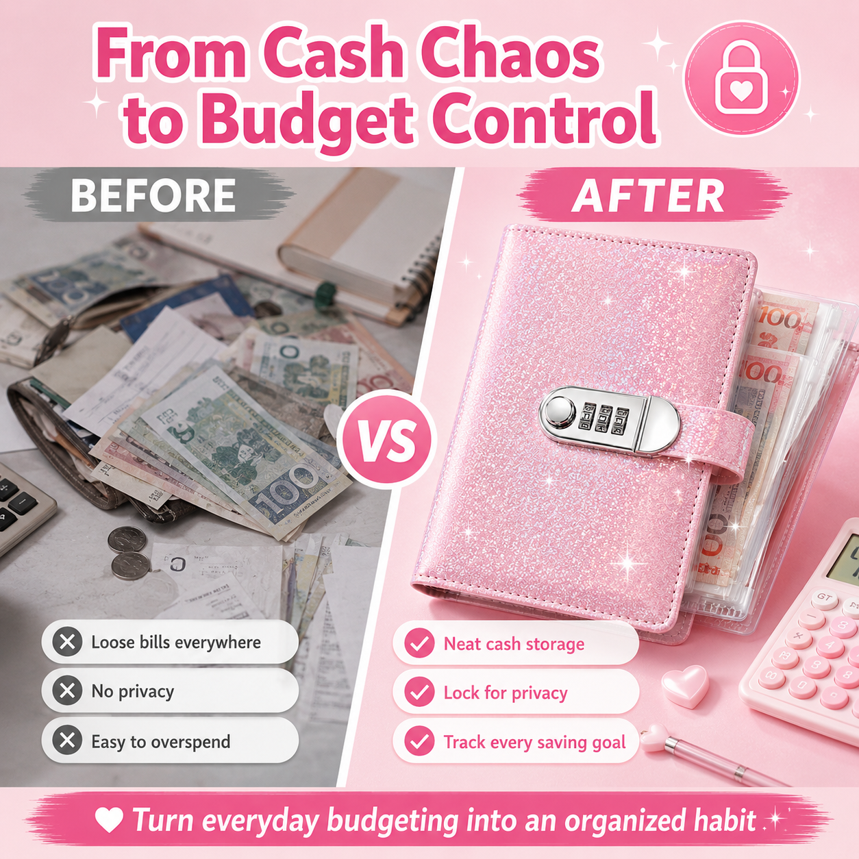 Before and after cash organization with SparkleLock binder