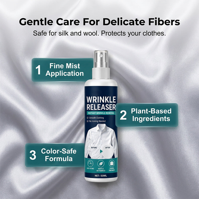 Gentle wrinkle releaser safe for delicate silk and wool fabrics