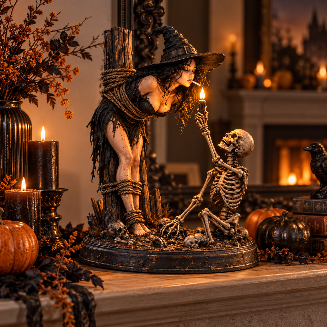 Witch and Skeleton Gothic Halloween Tabletop Figurine