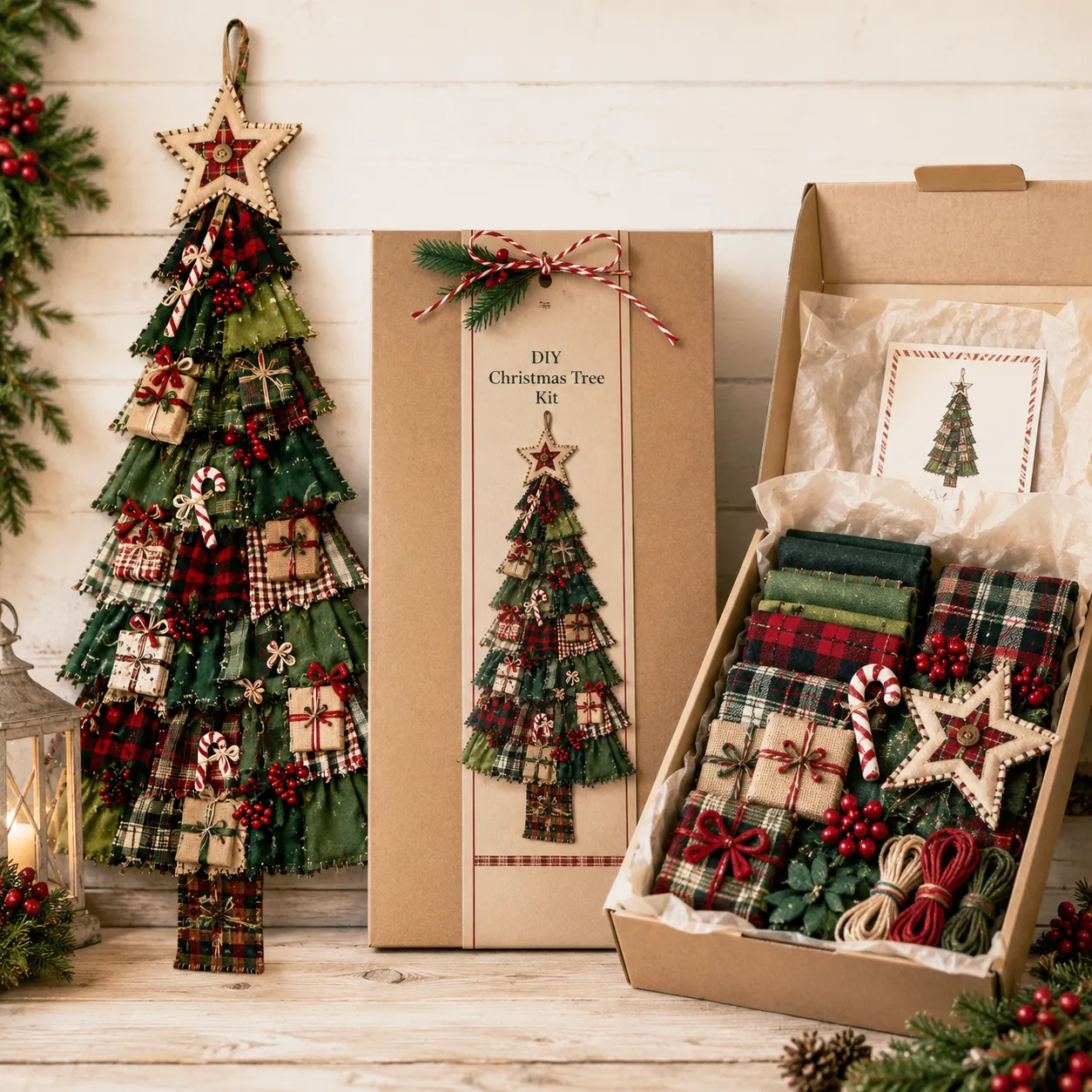Presenting finished DIY patchwork Christmas tree as a holiday gift