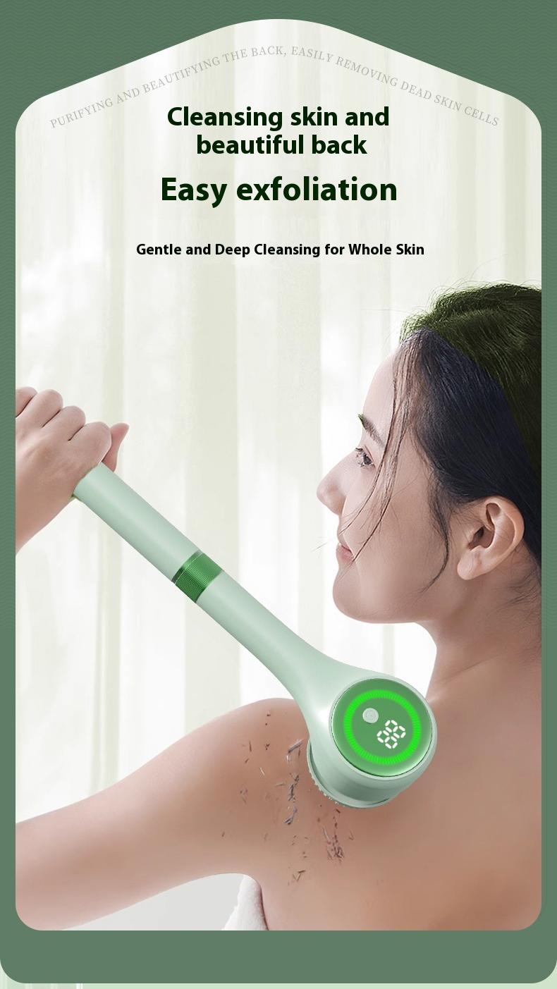 Rechargeable Motorized Electric Shower Back Scrubber - Long Handle IPX Waterproof PVC Spin Bath Brush with 5 Replaceable Heads, 3 Speed Modes, Exfoliating Massager for Adults Sensitive Skin, USB, Full Body (Shoulders, Calves Care, Great Gift Option)