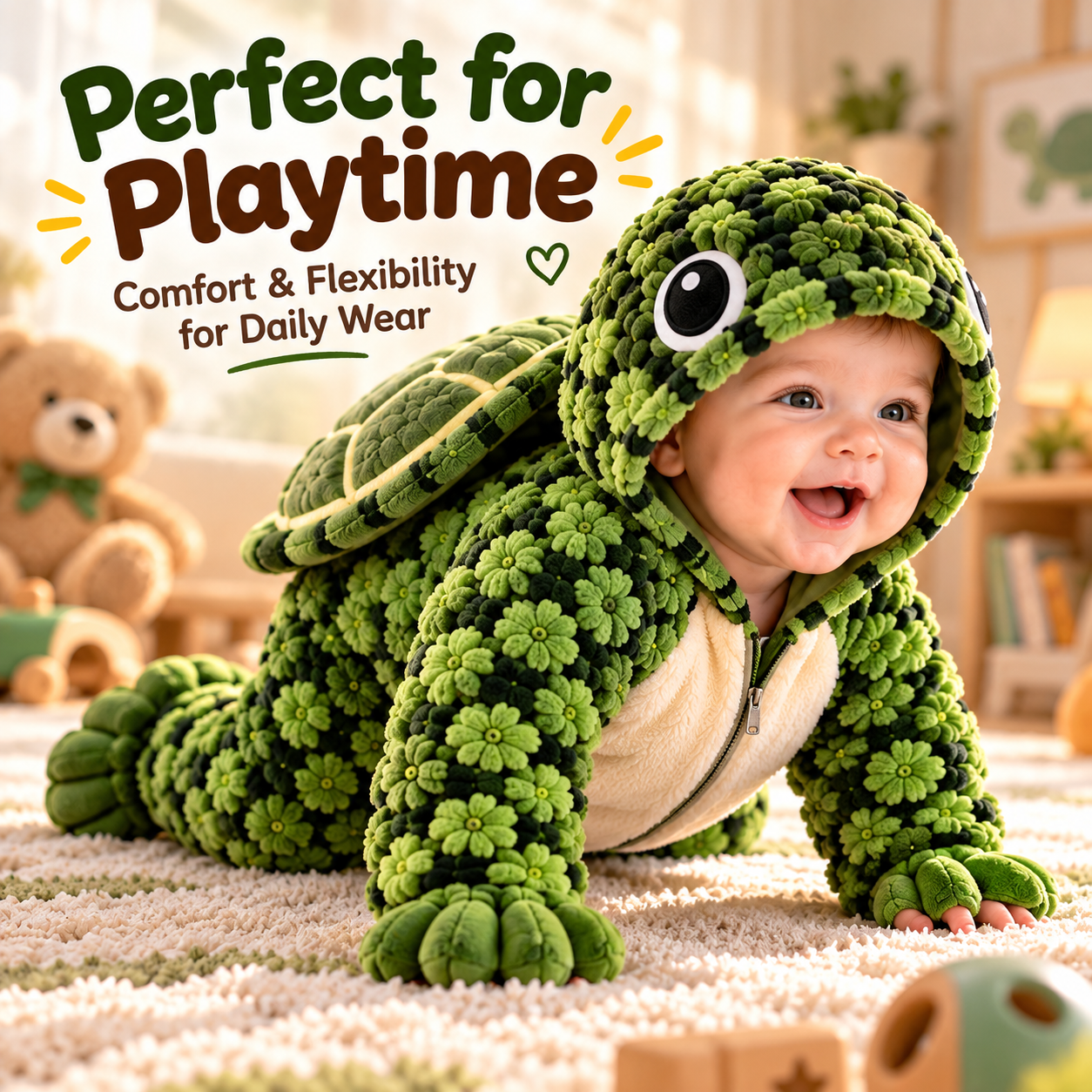 Baby playing in turtle onesie