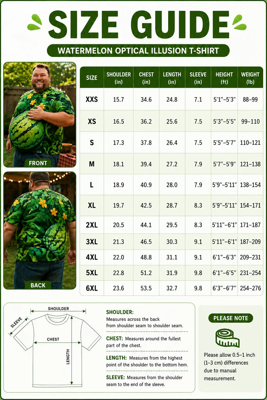 3D watermelon T-shirt size chart from S to 6XL