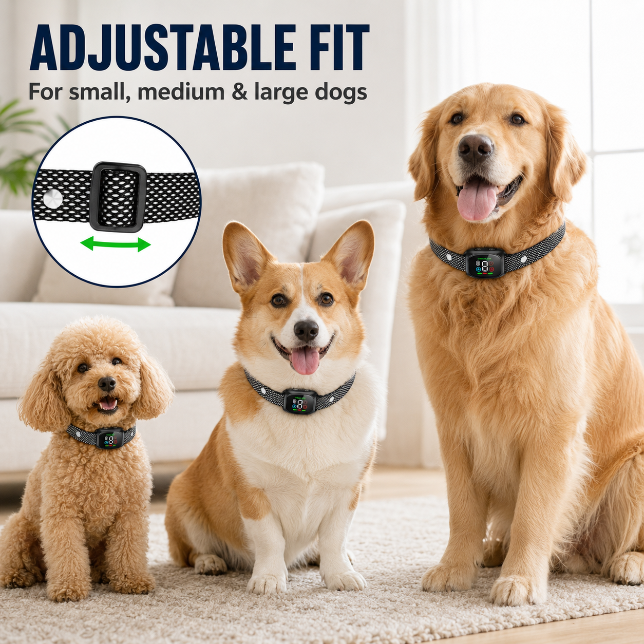 Adjustable anti-bark collar neck strap for compatible dog sizes