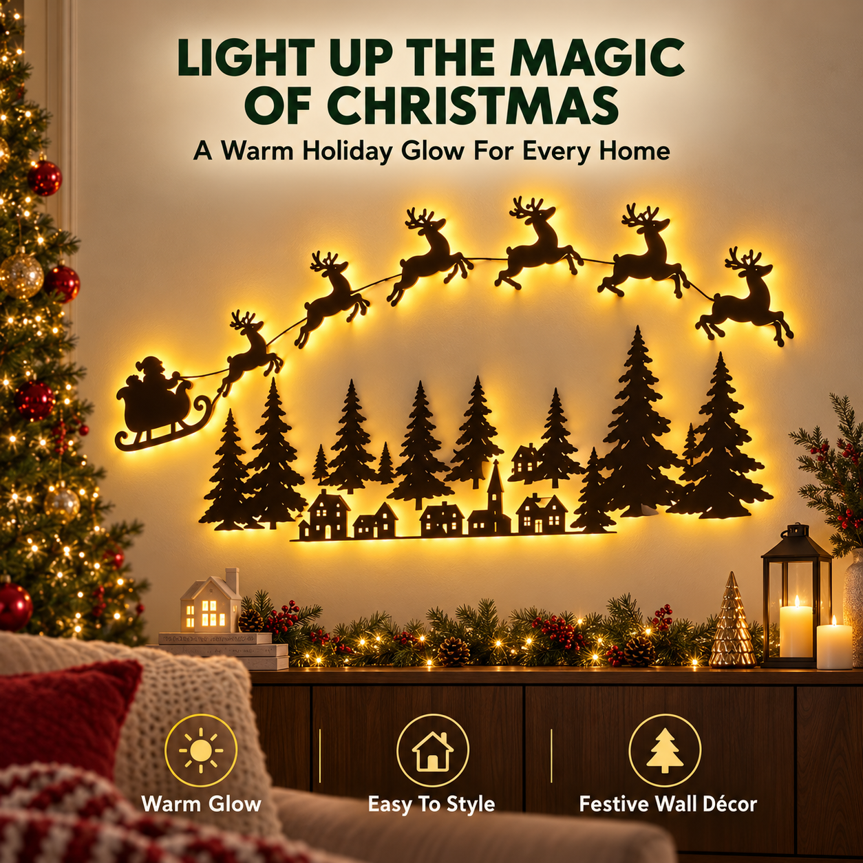 Lighted Santa and reindeer Christmas wall decoration glowing above a console table