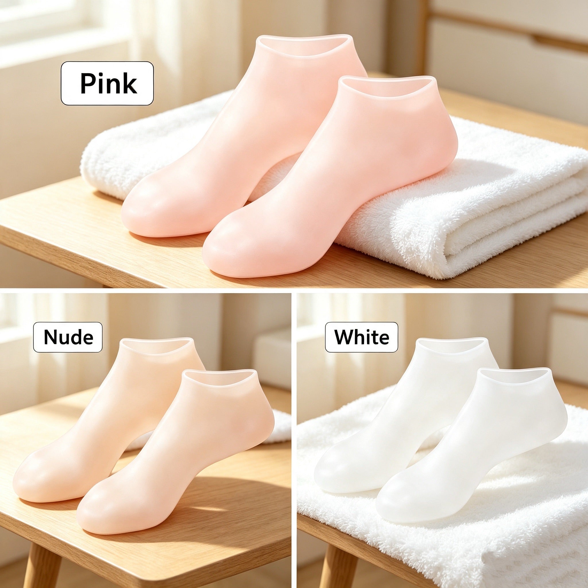 Reusable silicone moisturizing foot socks three color options pink nude white