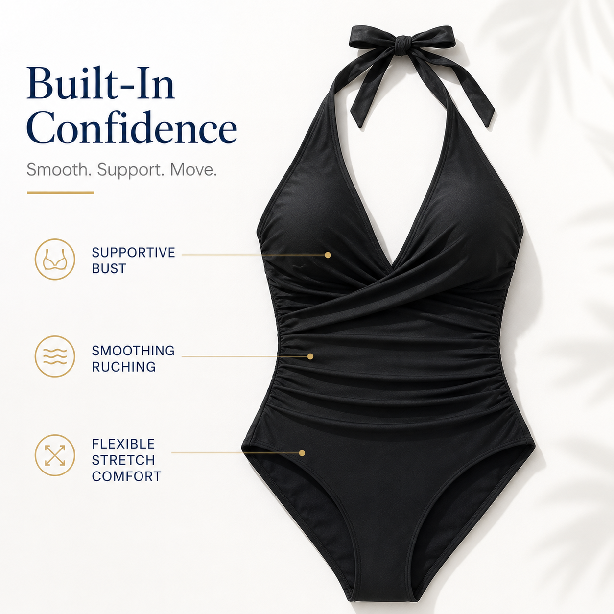 Full back view of cross-back ruched swimsuit