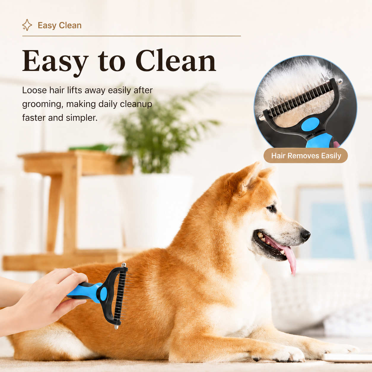 Pet brush removes mats and tangles