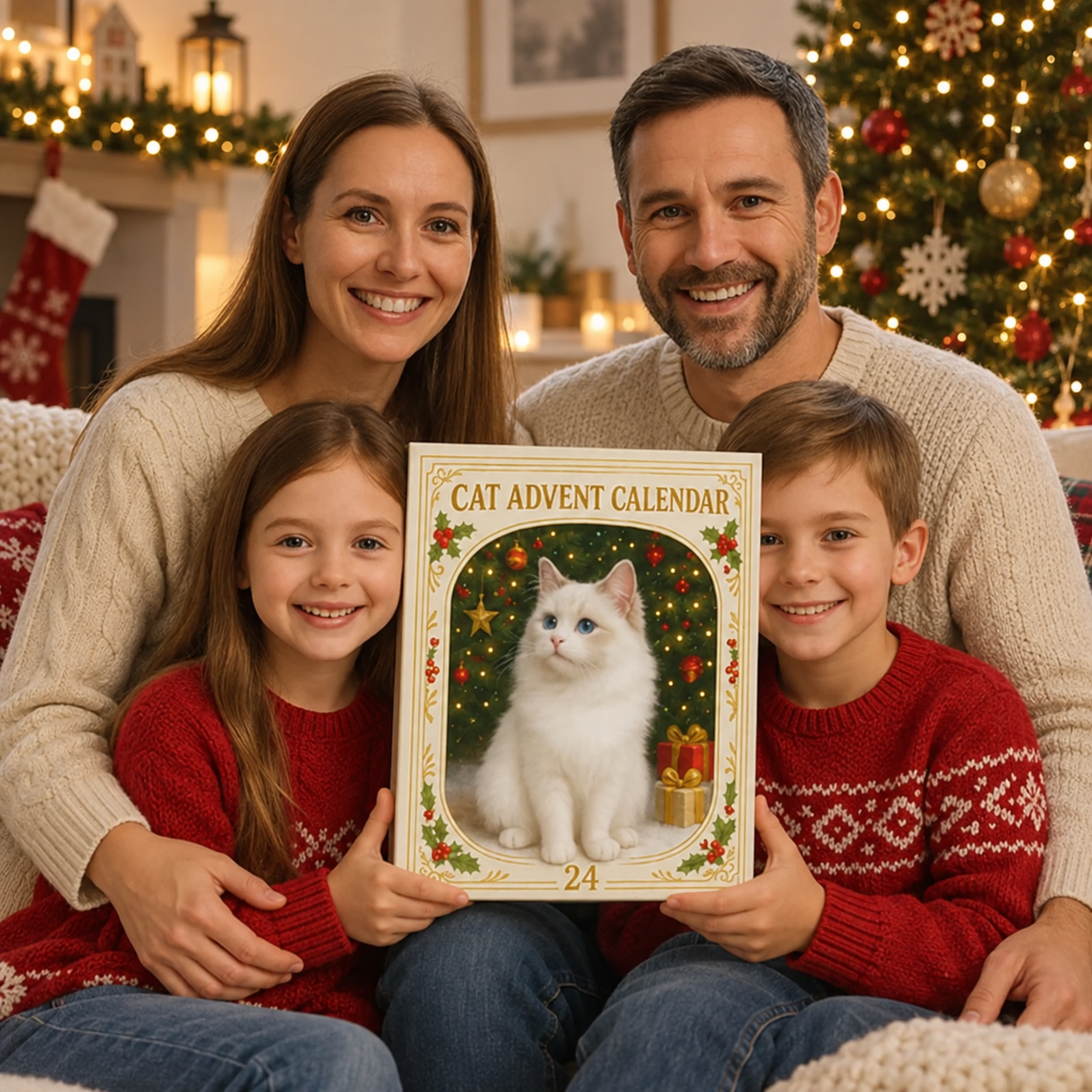 Family holding a Christmas cat advent calendar gift