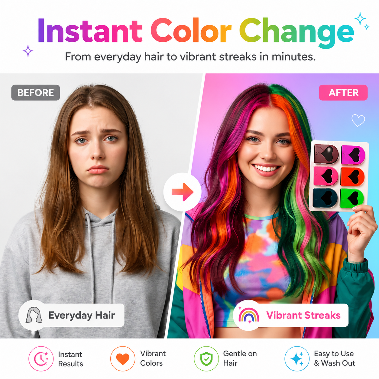 Three step hair chalk application guide wet clamp and blow dry