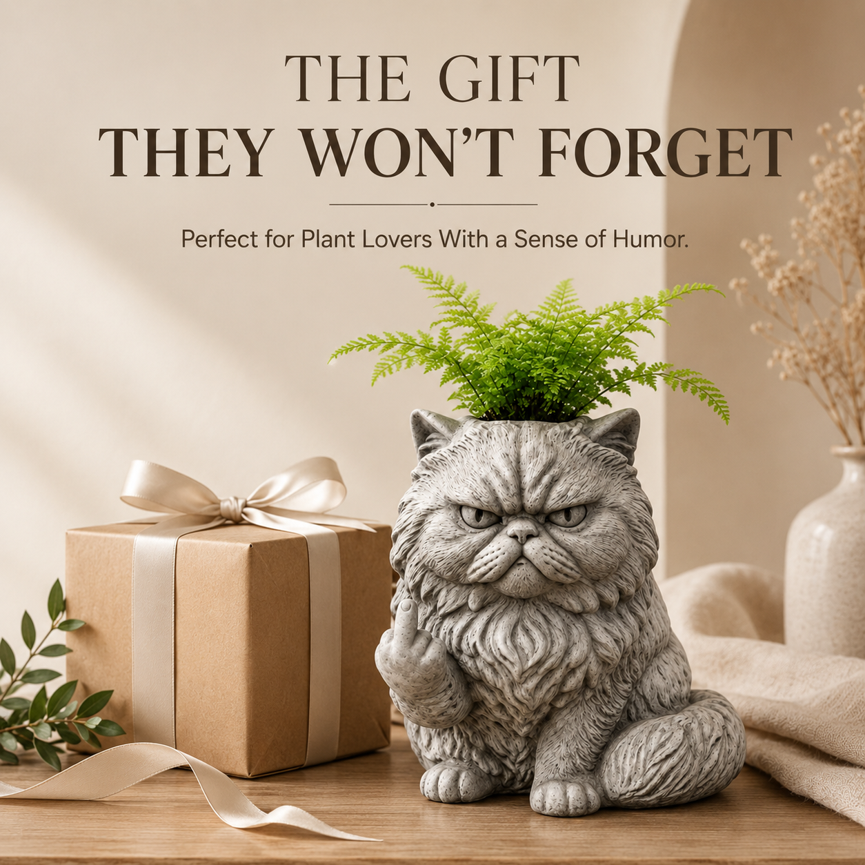 Grumpy cat decorative attitude planter styled with lush green fern on tabletop