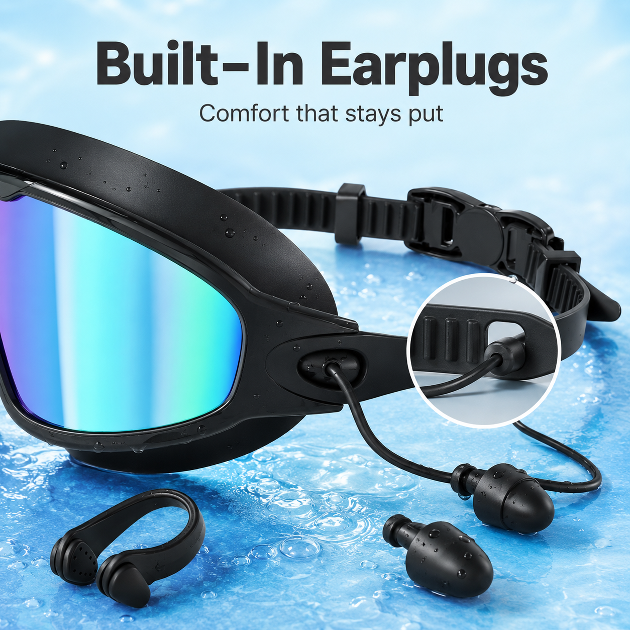 Swim goggles with integrated earplugs