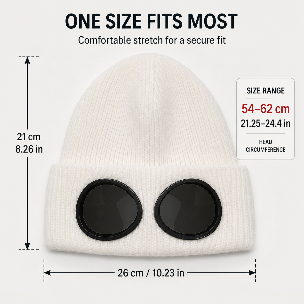 Model wearing goggle beanie in outdoor winter snow environment