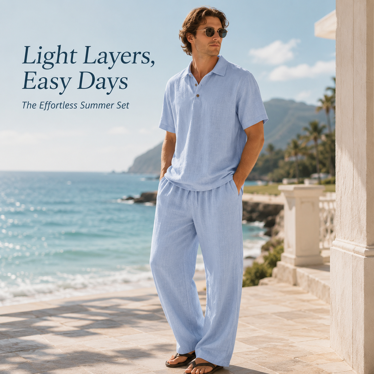 Men's casual linen set styled for beach resort and vacation