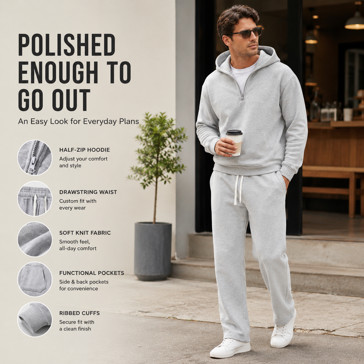 Close-up of half-zip collar zipper pull and hood drawstring details