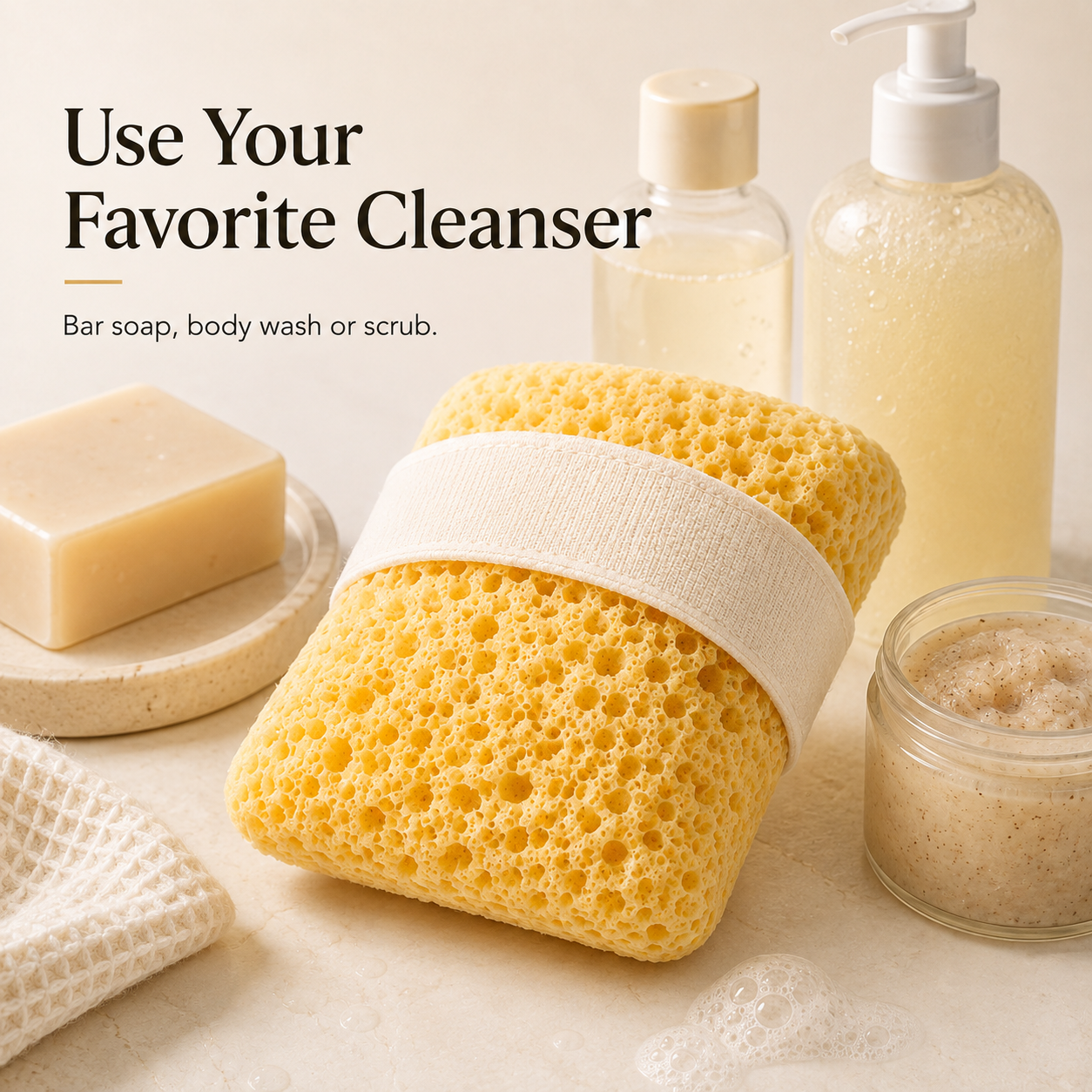 Washing arm smoothly with foam filled bath sponge