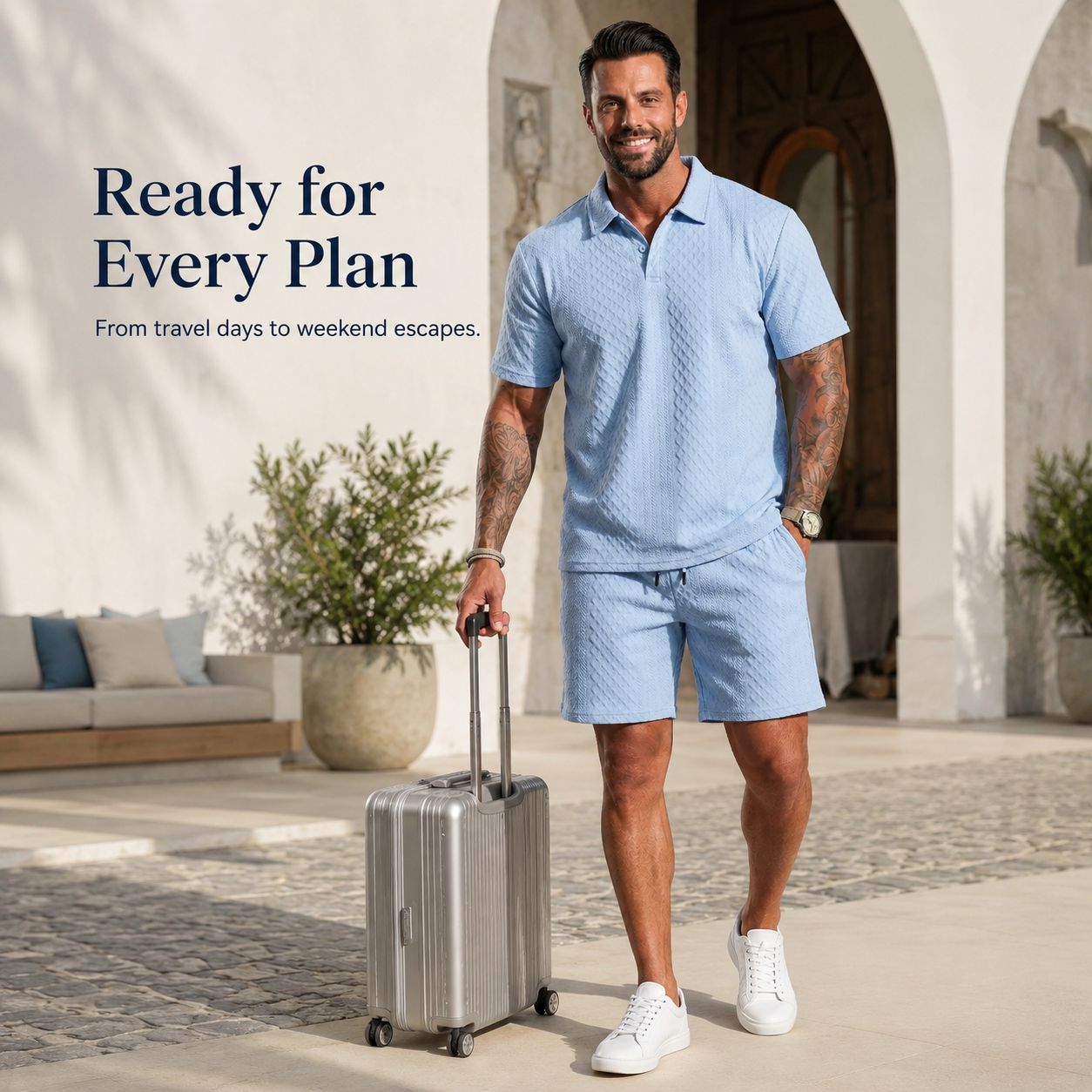 Multiple color options of polo shirt and shorts sets side by side