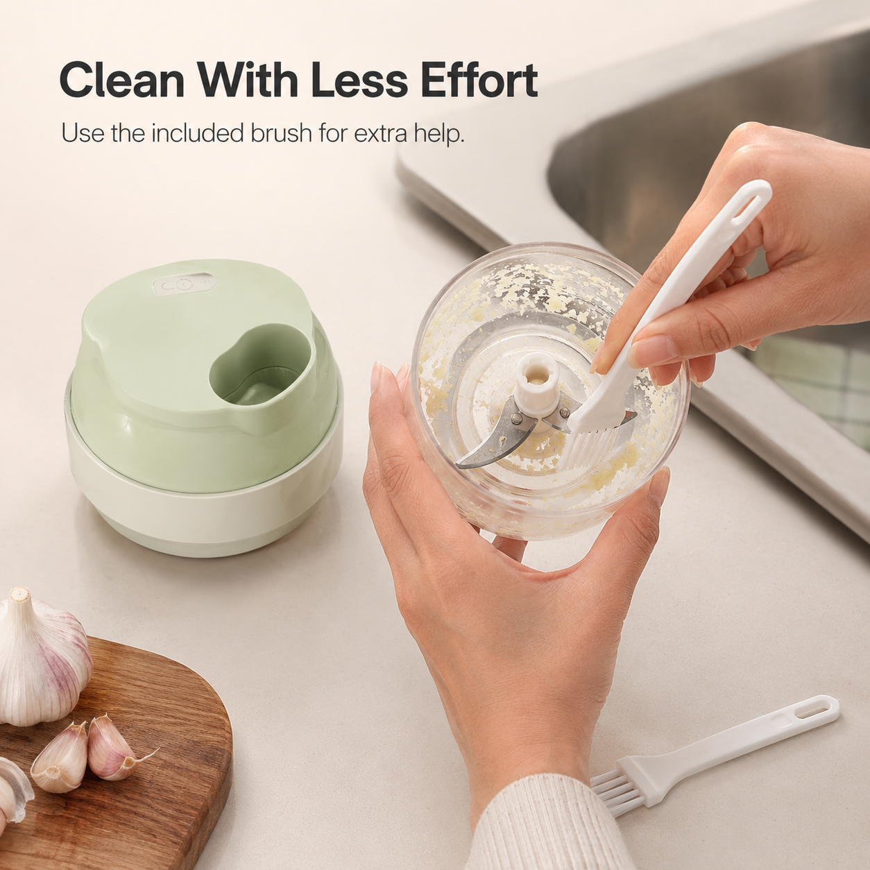Rinsing the handheld food processor under tap