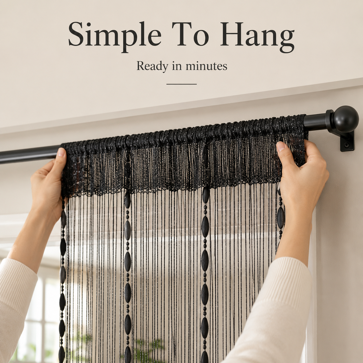 Assorted color models of hanging string curtains row look