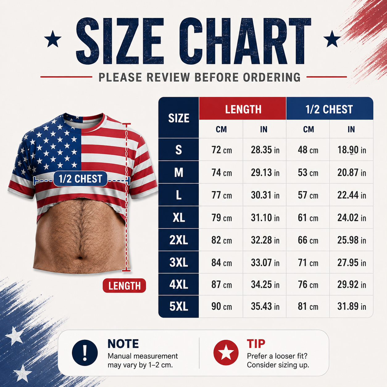Men's patriotic American flag body hair novelty shirt front and back view