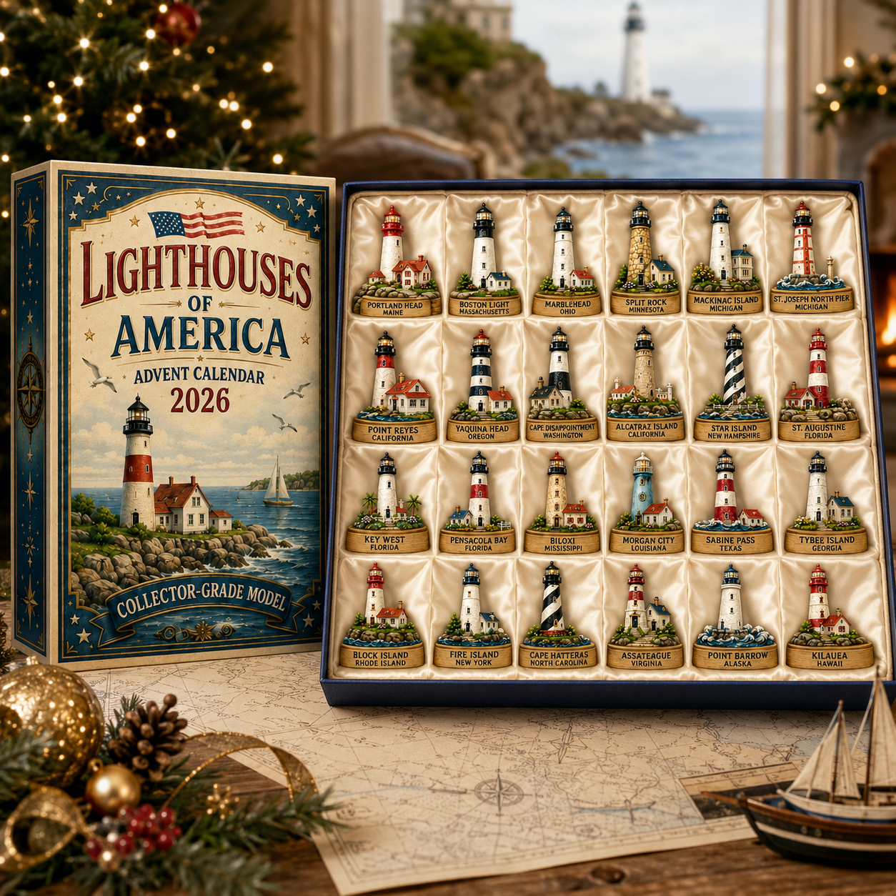 Complete lighthouse advent calendar box and 24-piece miniature set