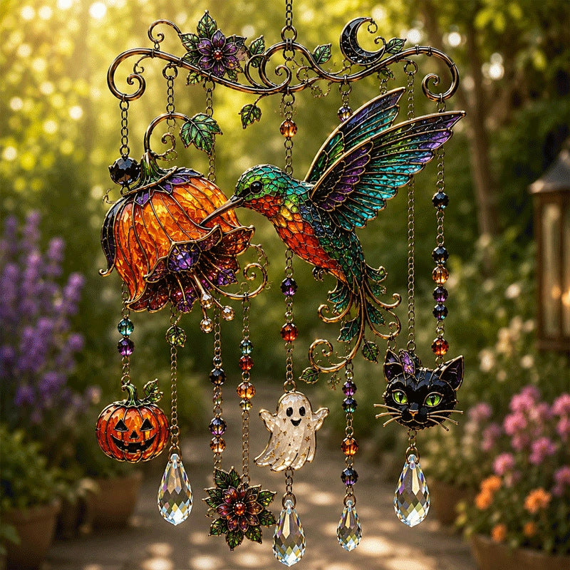 Hummingbird and black cat Halloween hanging ornament
