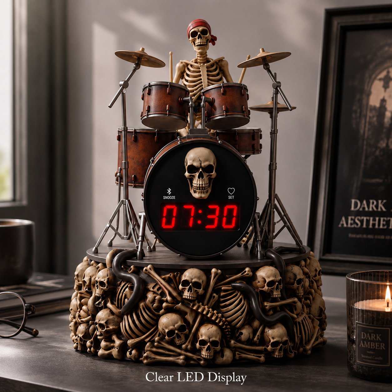 Gothic skeleton drummer alarm clock with LED time display