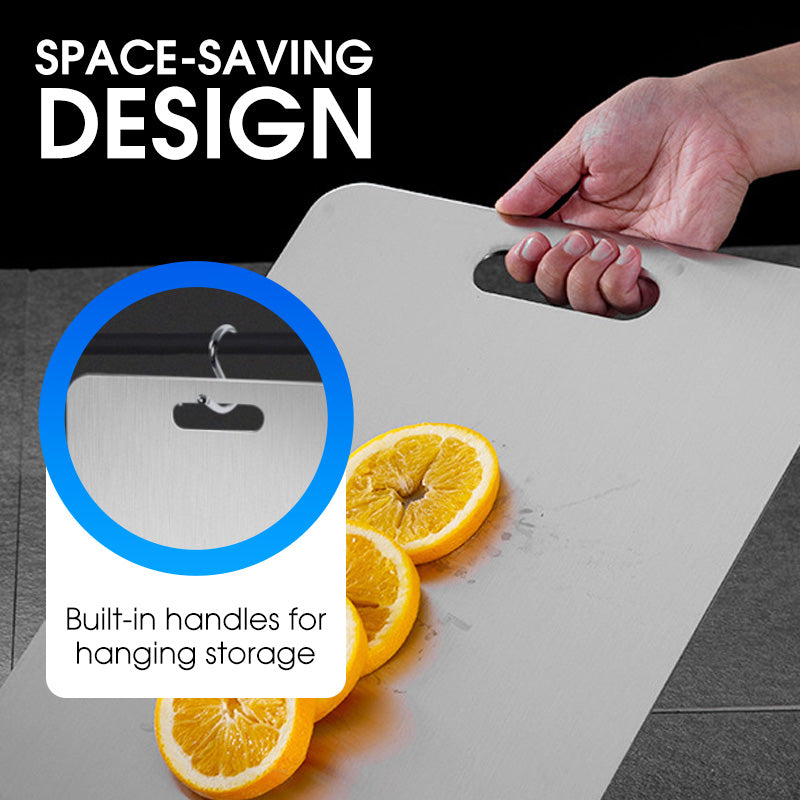Stainless steel cutting board with carrying handle