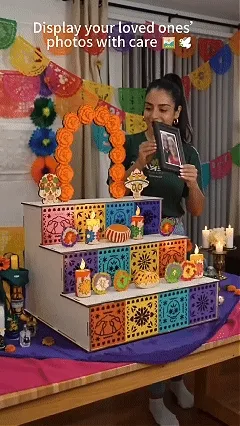Three tier Day of the Dead wooden altar display assembly animation
