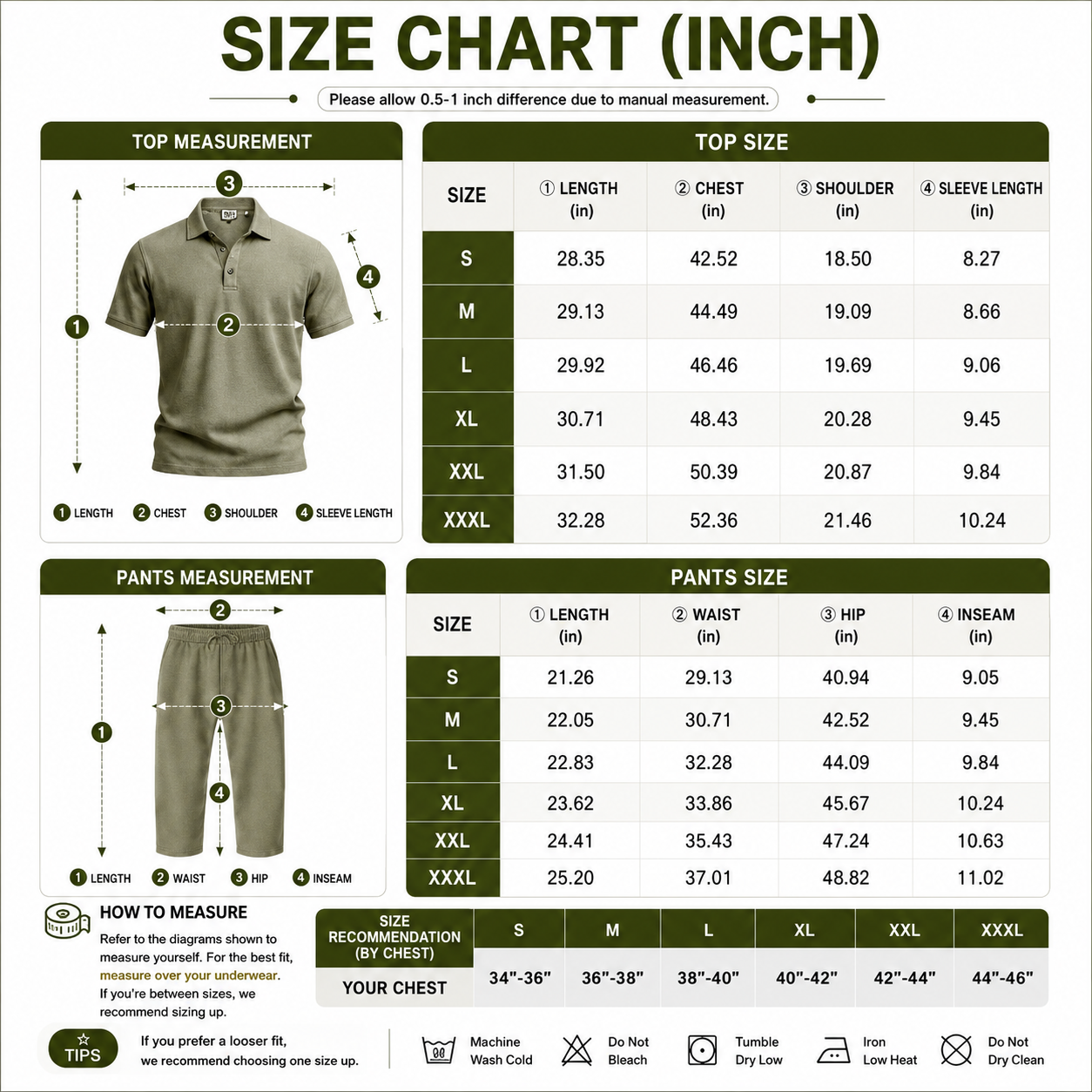 Men's linen set size chart measurements guide