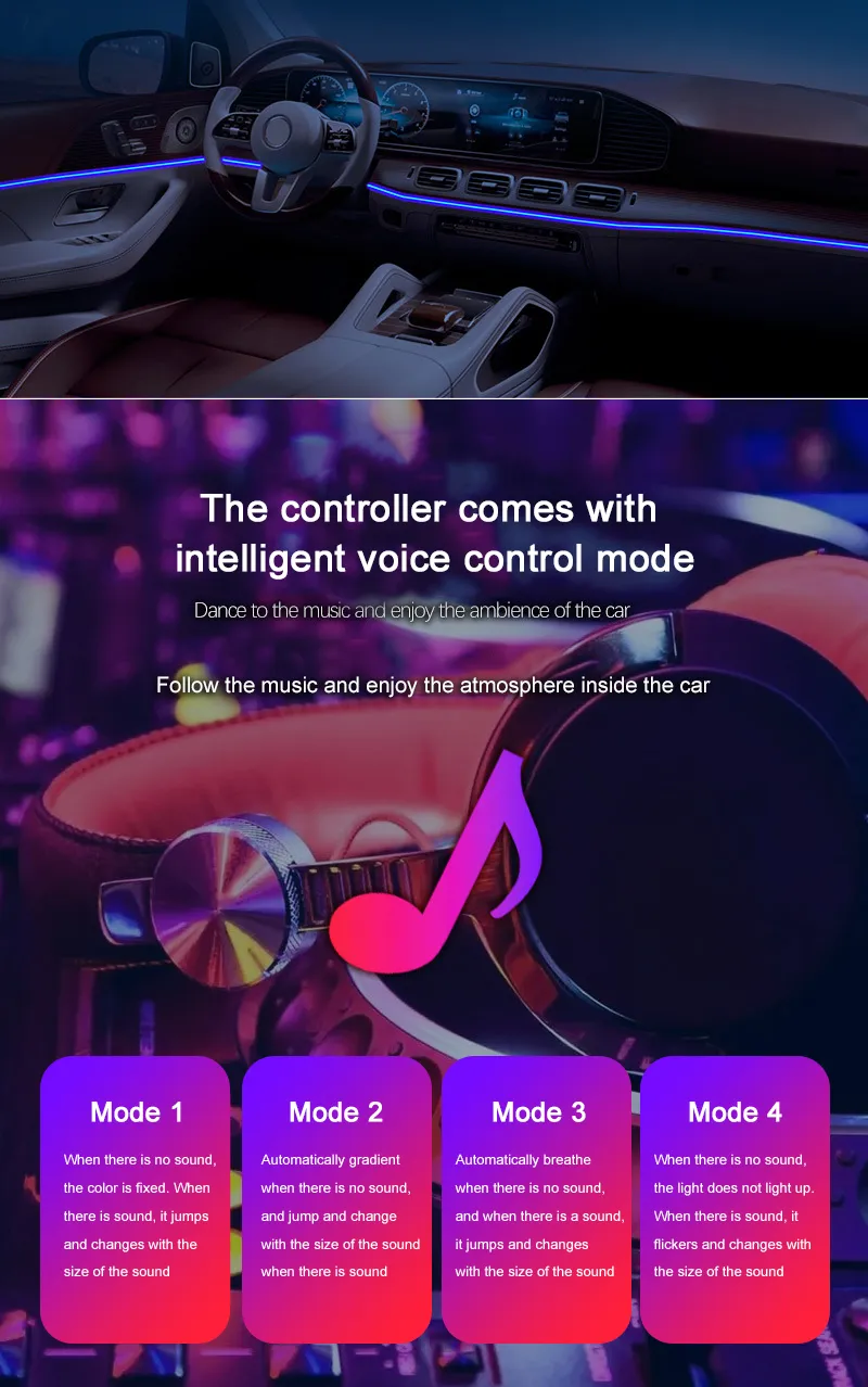 Neon car interior ambient light strip music mode colorful lighting