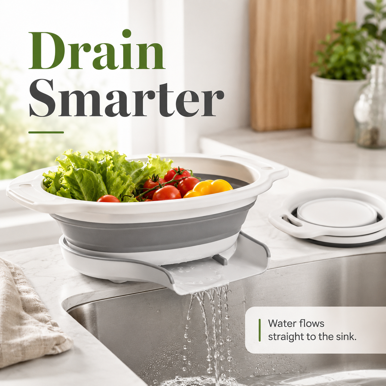 Draining hot boiled pasta on the countertop with self-draining tray
