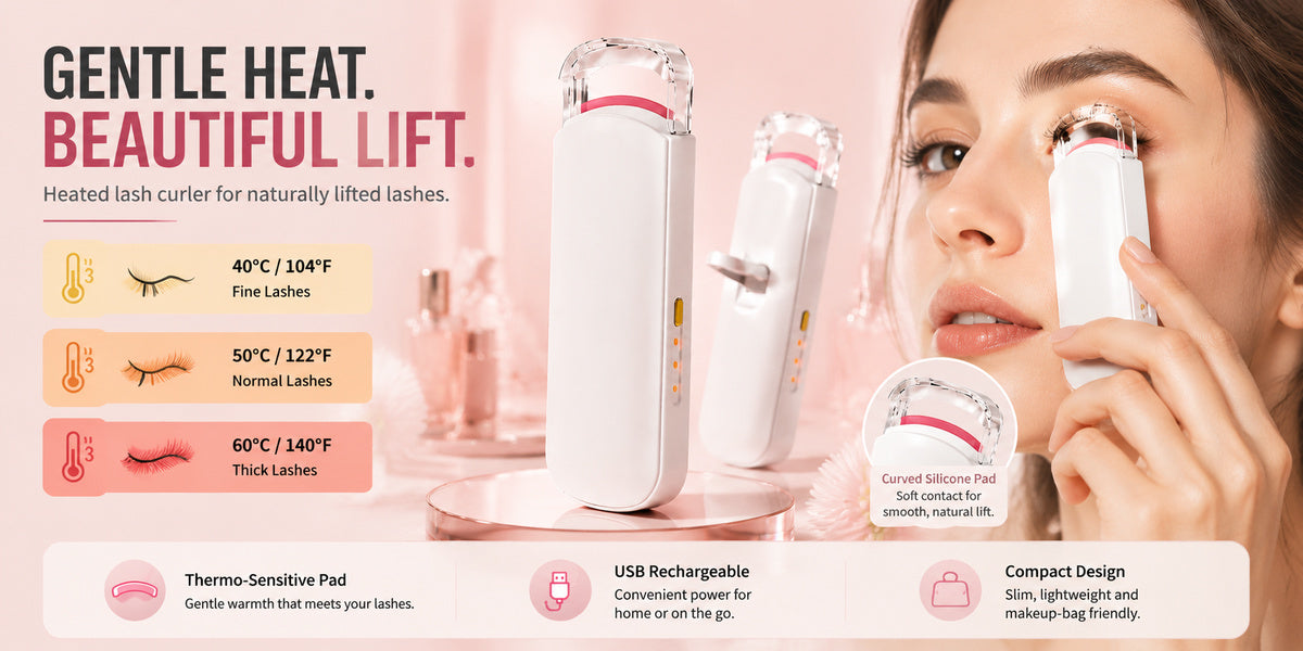 USB rechargeable heated eyelash curler with adjustable temperature settings