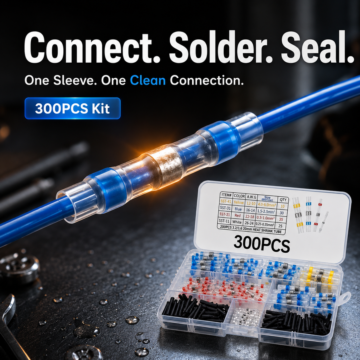 Three step instructions strip wires twist conductors and apply heat gun