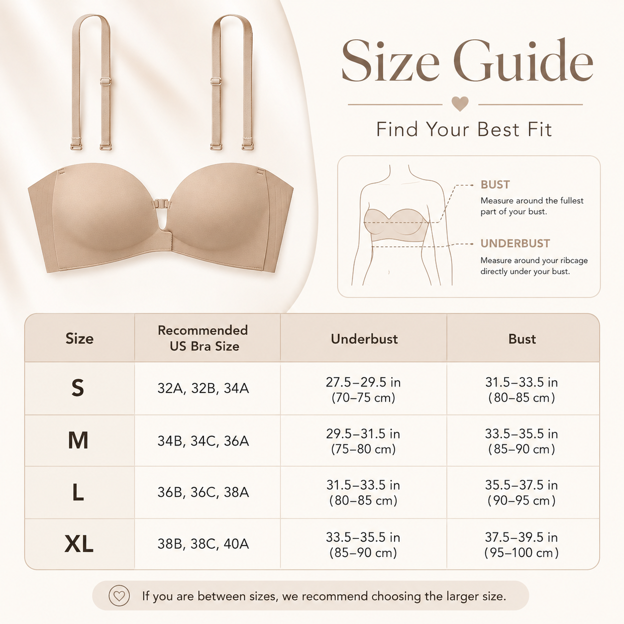Strapless bra size chart measurements guide