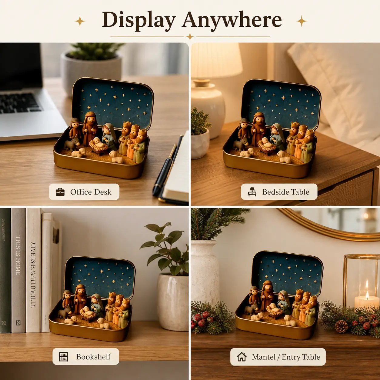 Miniature Nativity scene displayed on bookshelf and desk