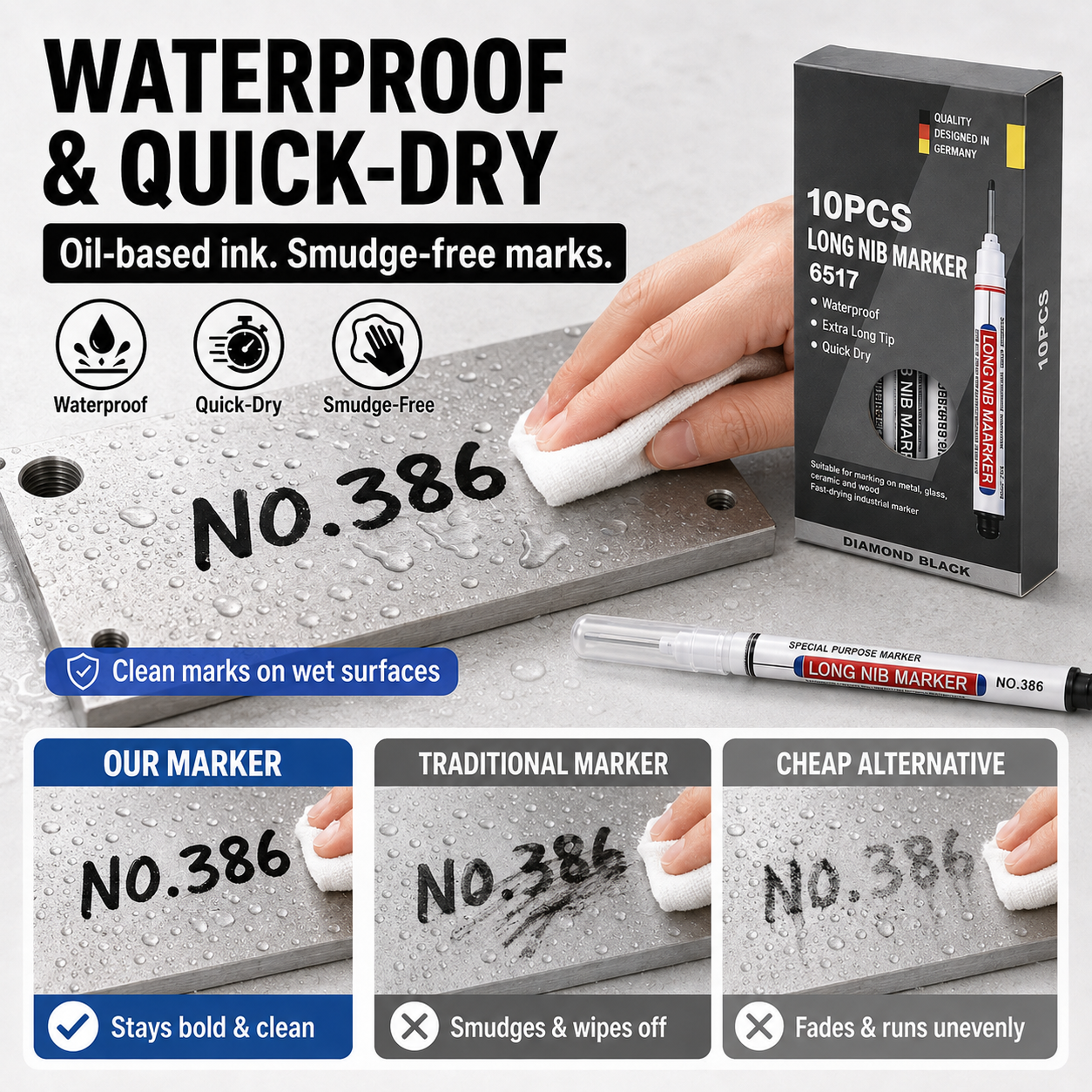 Waterproof quick-dry oil based long nib marker