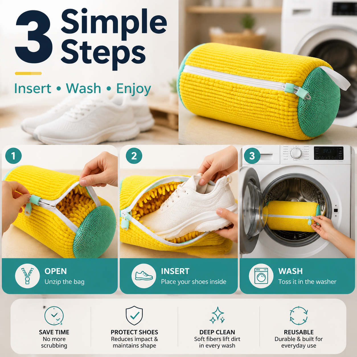 Three step shoe washing bag use open insert shoes wash in machine