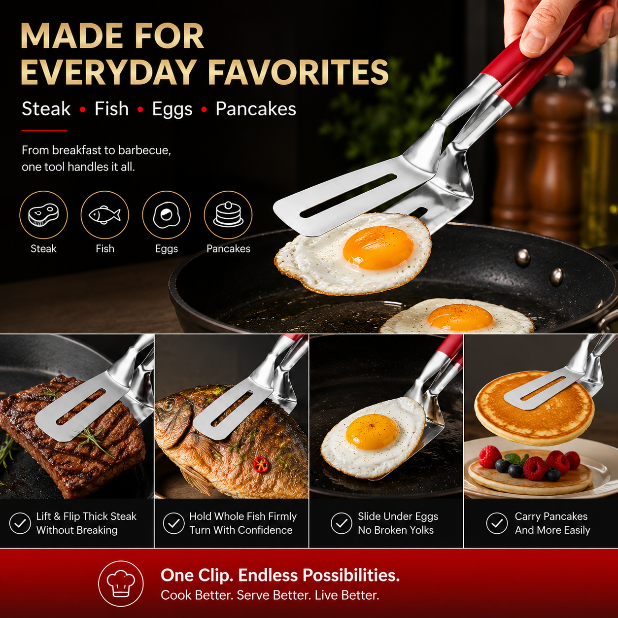 Spatula tongs used for everyday foods