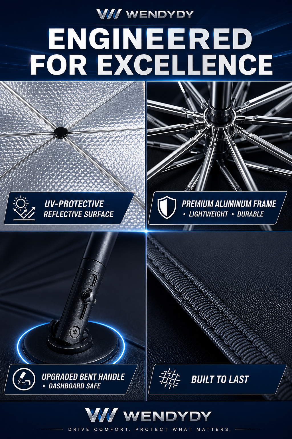 Foldable car sunshade umbrella engineered structure reflective surface frame handle details