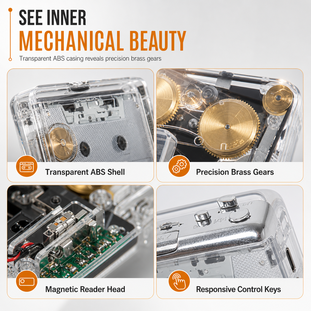Transparent casing showing inner gears and mechanical Walkman buttons
