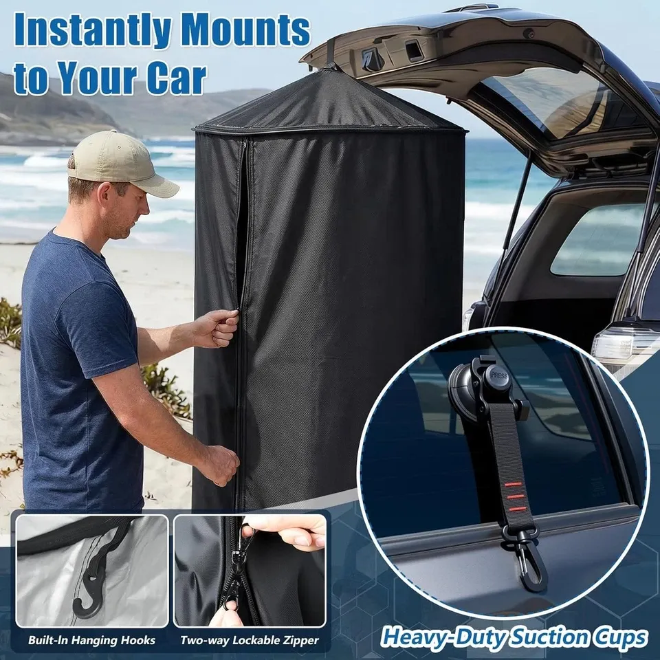 Portable privacy tent stored in car for travel camping and outdoor adventures
