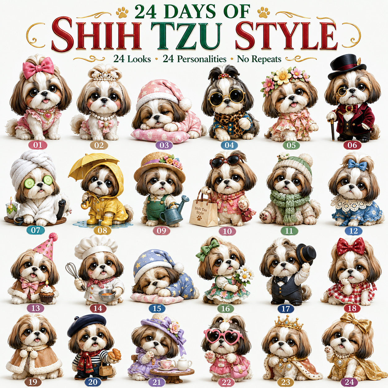 Complete collection of 24 unique Shih Tzu personalities