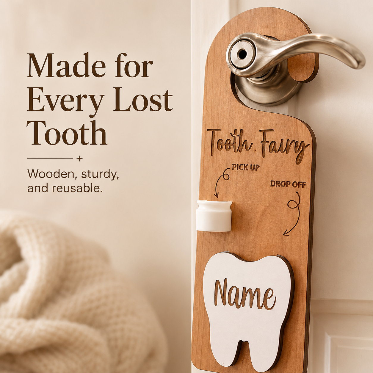 Laser engraved custom name on wooden tooth pocket